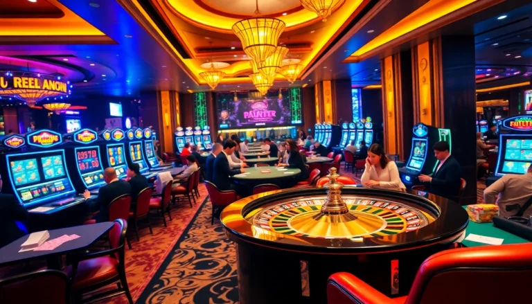 Experience the excitement of trang chủ 789f with players engaging in roulette and poker games in a vibrant casino setting.